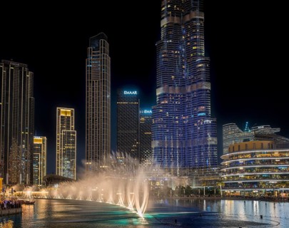 Night shot, water feature in Burj Khalifa Lake, Burk Khalifa, Downtown, Dubai, United Arab