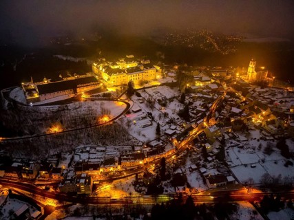 Augustusburg Hunting Lodge, also known as the Crown of the Ore Mountains, on a Winter Evening