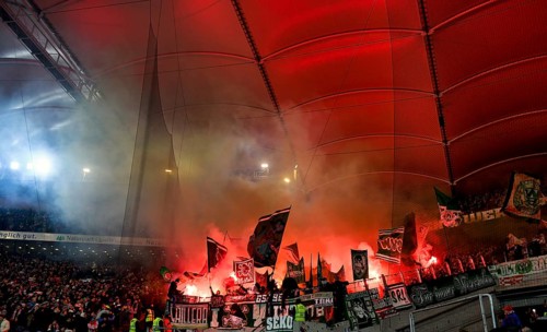 Bengalos, pyrotechnics, pyro, fireworks, Werder Bremen fan block, MHPArena, MHP Arena Stuttgart,