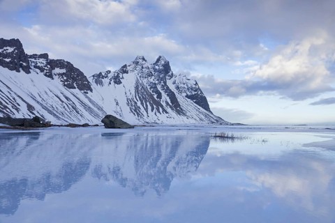 Vestrahorn mountain in Stokksnes, part of the mountains Klifatindur in winter, Iceland, Europe