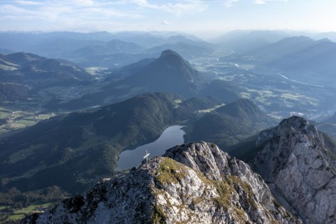 Aerial view, evening mood in the mountains, Schaffauer and Hintersteiner lakes, Wilder Kaiser,
