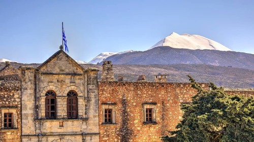 HDR, main entrance, close, national flag, Ida massif, Psiloritis, snow-capped mountain, Arkadi,