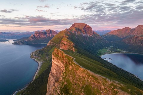 View from Finnesfjellet mountain to mountains and coast, evening moodFinnes, Helgeland coast, Bodo,
