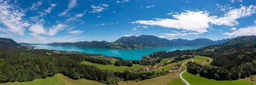 Drone shot, panorama shot, Stockwinkl with Attersee and Höllengebirge, Salzkammergut, Upper