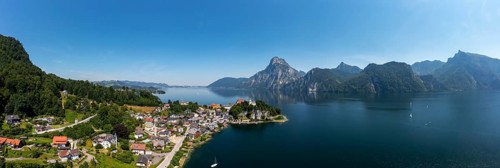 Drone shot, panorama shot, Johannesberg Chapel, Traunkirchen with Traunstein, Lake Lake Traun,