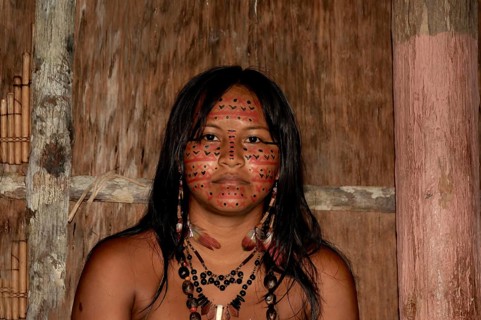 Portrait of an Indian woman from the Dessanos tribe with traditional paintings on her face, Rio