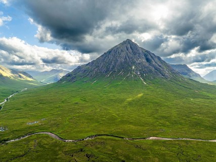 The Buachaille or Buachaille Etive MÃ²r and River Coupall from a drone, Glen Etive and River Etive,