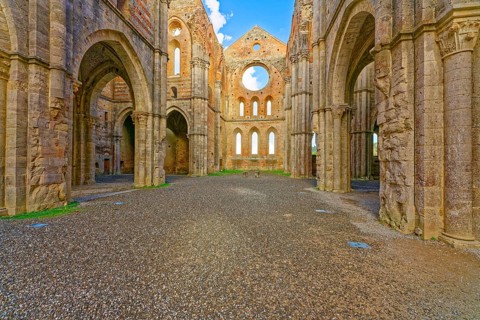 Nave, crossing and choir, church ruins of the Cistercian Abbey of San Galgano, Abbazia San Galgano,