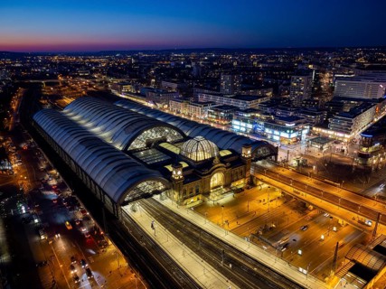 Central station at Wiener Platz. The new construction has been completed, the membrane roof of the