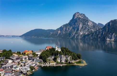 Drone shot, panorama shot, Johannesberg Chapel, Traunkirchen with Traunstein, Lake Lake Traun,