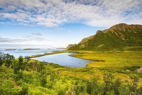 Coast with mountains and lake, near Nyksund, Dronningruta hike, Langoya Island, Vesteralen,