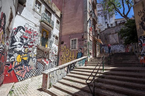 Wall painting, street art, graffiti, Escadinhas de Sao Cristovao, historic centre, Lisbon,