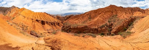 Panorama, Eroded mountain landscape with sandstone cliffs, Canyon with red and orange rock