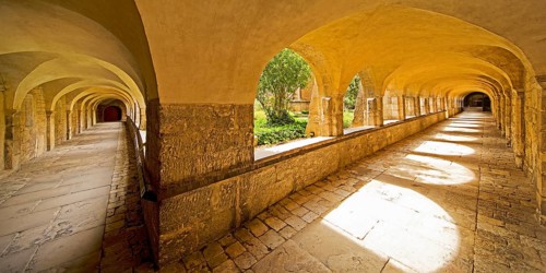Cloister with view through the cemetery to the Thousand Year Rosebush, Mariendom, Hildesheim, Lower