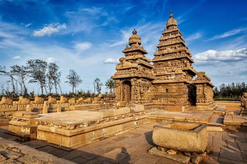 Famous Tamil Nadu landmark, Shore temple, world heritage site in Mahabalipuram, Tamil Nadu, India,