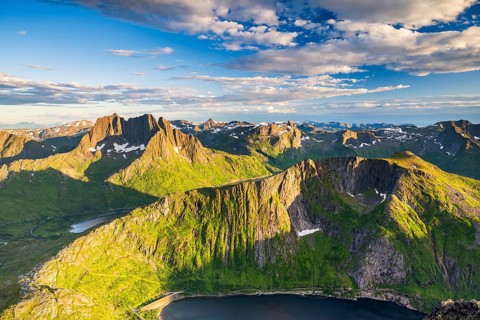 Fjord and mountains, view of Breidtinden peak, Senja, Norway, Europe