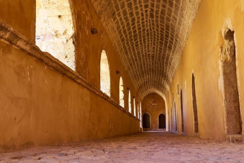 Arcade, tunnel vault, ochre walls, Arkadi, Orthodox Monastery, National Monument, Rethimnon