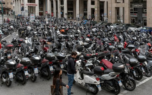 Large car park for scooters in the city, Genoa, Italy, Europe