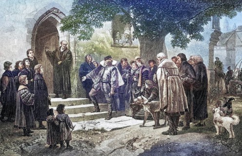 Christoph der Erste von Württemberg visits a monastery converted into a school, c. 1520, c. 1885,