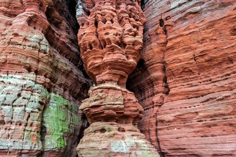 Eroded red sandstone, old castle rock, close-up, natural and cultural monument, Brechenberg near