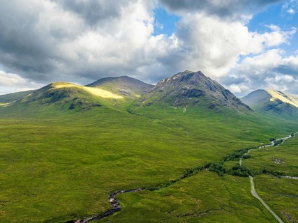 The Buachaille or Buachaille Etive MÃ²r and River Coupall from a drone, Glen Etive and River Etive,