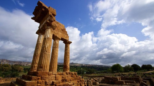 Super wide angle shot, columns, chapter, entablature, corner of a temple, post-thunderstorm mood,