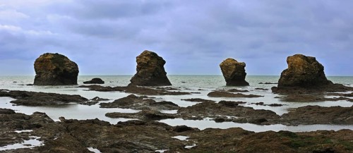 Sea stacks at the Plage des Cinq Pineaux at Saint-Hilaire-de-Riez, La Vendée, Pays de la Loire,