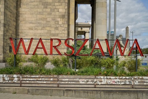 Warszawa lettering in front of the Palace of Culture, Palac Kultury i Nauki, Warsaw, Mazowieckie