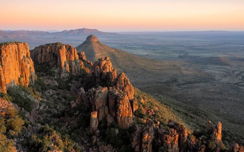 View of the Valley of Desolation at sunset, eroded rock needles made of dolorite, Camdeboo National