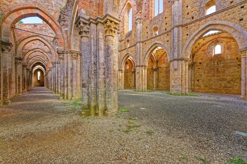 Nave with side aisles, church ruins of the Cistercian Abbey of San Galgano, Abbazia San Galgano,
