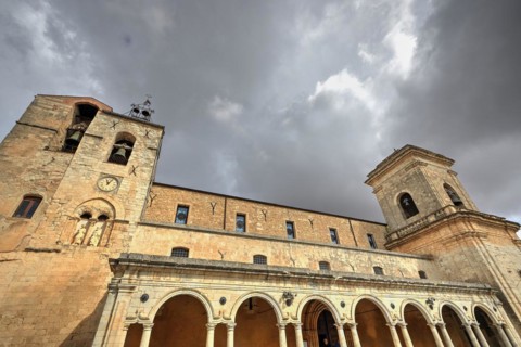 HDR shot, super wide angle shot, cloister, church tower, bell tower, Chiesa madre SS Pietro e