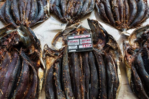 Dried fish, fish market, market hall Mercado dos Lavradores, Funchal, Madeira Island, Portugal,