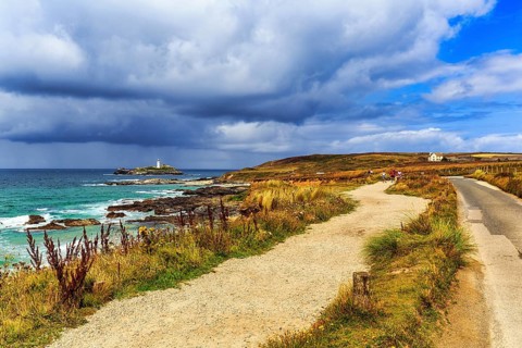 Footpath, South West Coast Path, Coastline with Godrevy Island and Lighthouse, Landscape