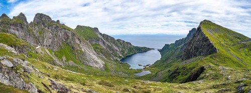 Panorama, view of the fjord Djupfjorden with mountain landscape, hiking trail to Munkebu hut,