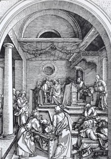 Picture cycle The Life of the Virgin, Christ among the Doctors in the Temple, woodcut by Albrecht