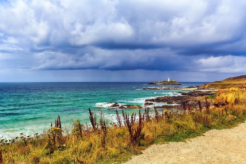 Footpath, South West Coast Path, Coastline with Godrevy Island and Lighthouse, Landscape