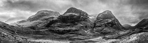 Panorama of Three Sisters Of Glencoe, Scotland in Black and White, Scotland, UK