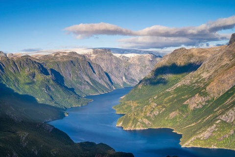 View from Seiskallafjellet into the Nordfjorden, Svartisen Glacier in the background, Saltfjellet