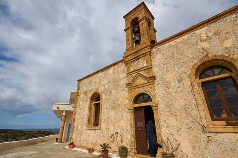 Super wide angle, church, oblique from below, bell tower, Chrissoskalitissa, rock monastery,