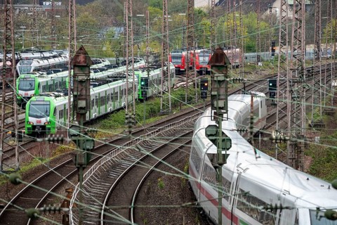ICE train on the track, regional trains, suburban trains, on the tracks of a railway depot, waiting