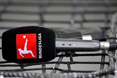 Microphone, microphone, Bundesliga logo, lies on grid, MHPArena, MHP Arena Stuttgart,