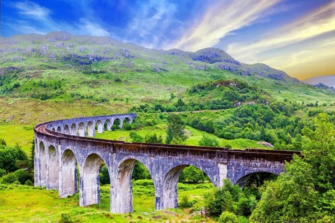Scotland, Glenfinnan, viaduct, railway line, railway traffic, railway, bridge