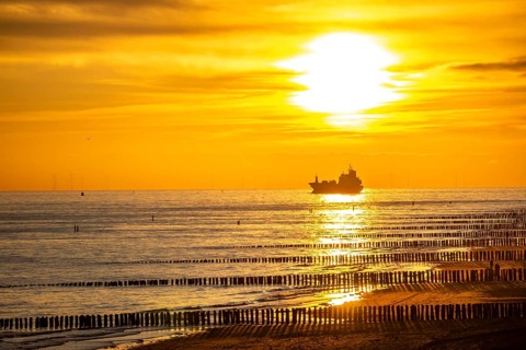 Sunset on the beach of Zoutelande, beach with wooden pile breakwaters, cargo ship sailing towards