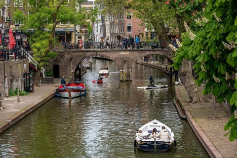 Utrecht, Netherlands, historic city centre, Oudegracht, canal, bridge, pedal boats