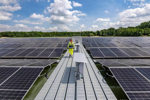 Germany's largest floating solar power plant on the Silbersee III, a quarry pond no longer used for
