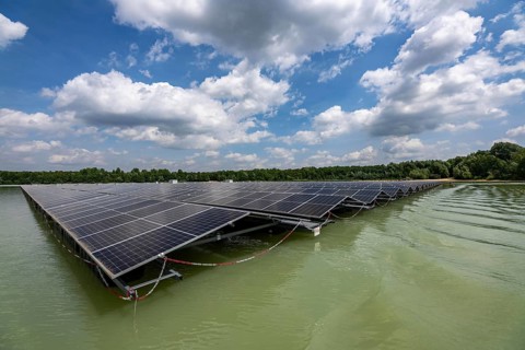 Germany's largest floating solar power plant on the Silbersee III, a quarry pond no longer used for