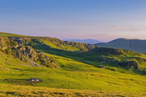 View of the mountains of the Transylvanian Alps in the southern Carpathians from a height in the