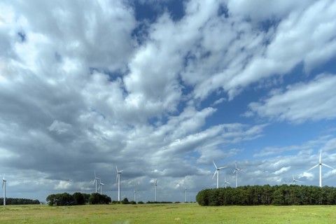 Wind turbines on the A 9 motorway, cloudy sky, Thuringia, Germany, Europe