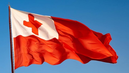 The flag of Tonga, Pacific island state, flutters in the wind, isolated against a blue sky