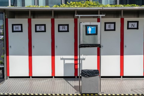 Toilets, at an open-air cinema, men's WC, toilet cubicles, Cologne, North Rhine-Westphalia,